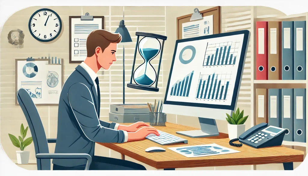 Dall·e 2024 07 27 17.40.35 A Person Working At A Computer, Analyzing Graphs On The Screen. The Scene Is Set In An Office With A Neat Desk, And There's An Hourglass Prominently P