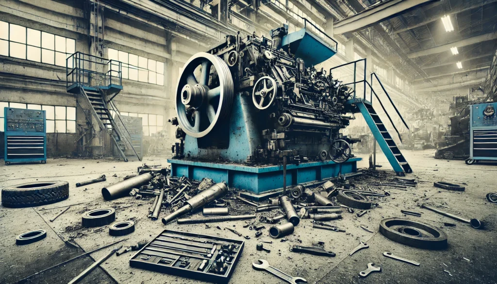 Dall·e 2024 07 27 17.47.47 An Industrial Machine That Is Broken, Emphasizing The Lack Of Maintenance. The Scene Uses Blue And Beige Tones, Similar To The Previous Image. The Mac