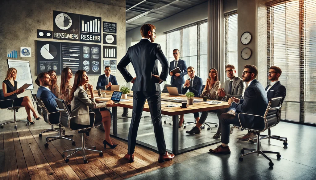 Dall·e 2024 07 28 17.44.52 A Dynamic And Inspiring Scene Of A Leader Conducting A Team Meeting In A Modern Office Setting. The Leader, Dressed In A Smart Business Suit, Stands C