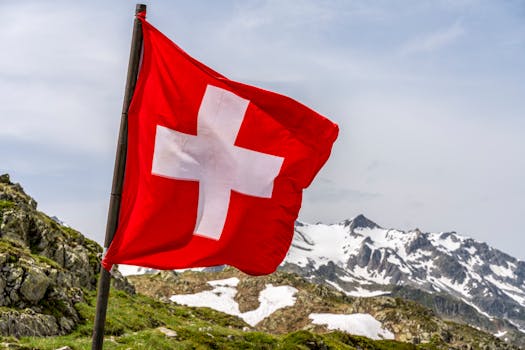 swiss flag in the snowy alps mountains - selective focus.